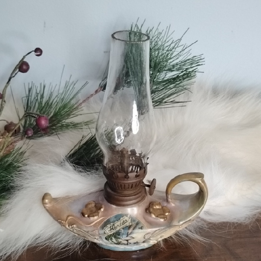 Vintage Ceramic Oil Lamp with Gold Accents